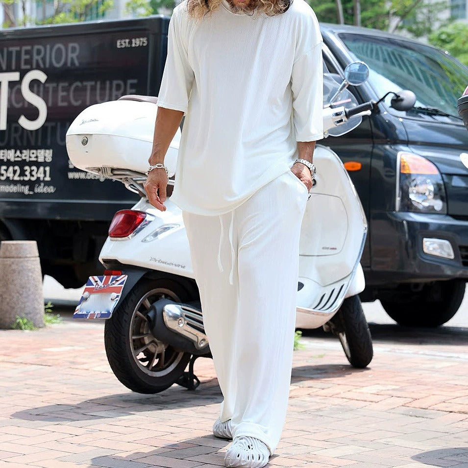 Ensemble deux pièces blanc à manches longues pour homme, tendance et décontracté