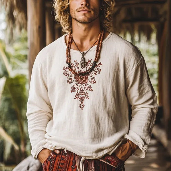 Herren-Oberteil im Bohemian-Urlaubsstil, Vintage-Stil, bedrucktes Leinen, lässig, langärmelig 