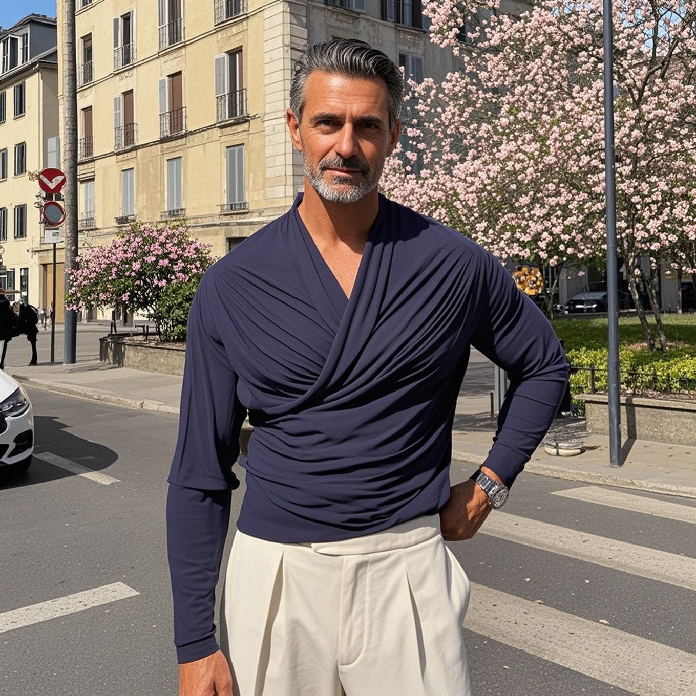 Men's fashionable casual navy blue pleated long-sleeved T-shirt
