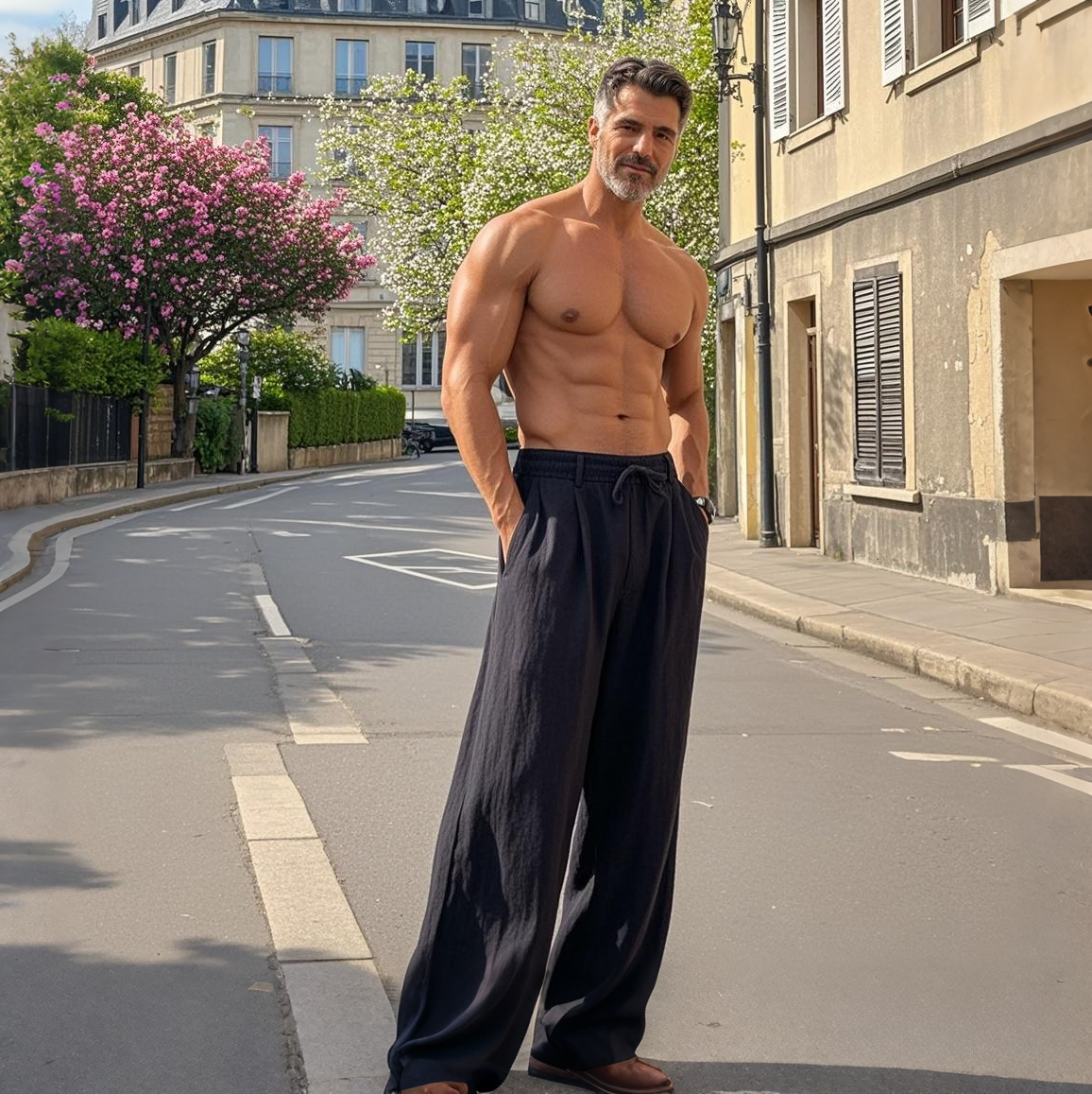 Men's fashionable casual black linen trousers