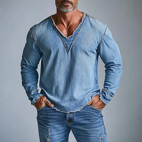 Men's Retro Denim V-Neck Long Sleeve T Shirt With Frayed Details
