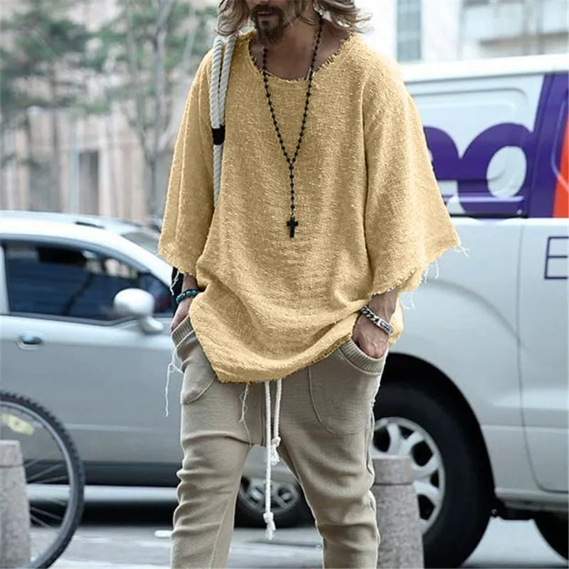 Men's long-sleeved solid-color top and trendy loose T-shirt