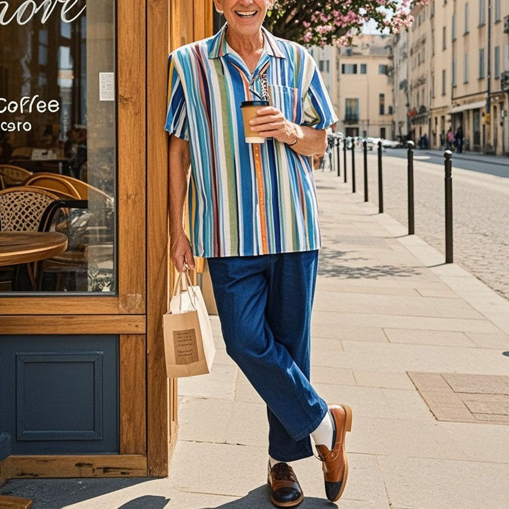Men's fashionable casual rainbow-colored striped short-sleeved shirt