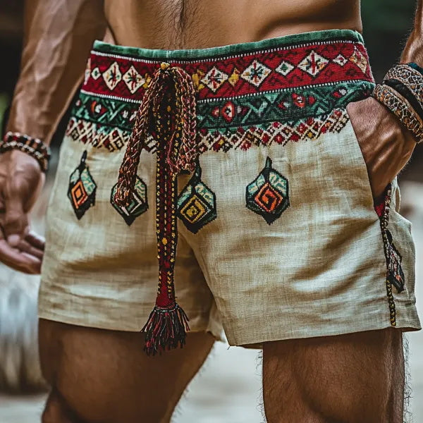 Men's Holiday Bohemian Ethnic Casual Breathable Linen Shorts