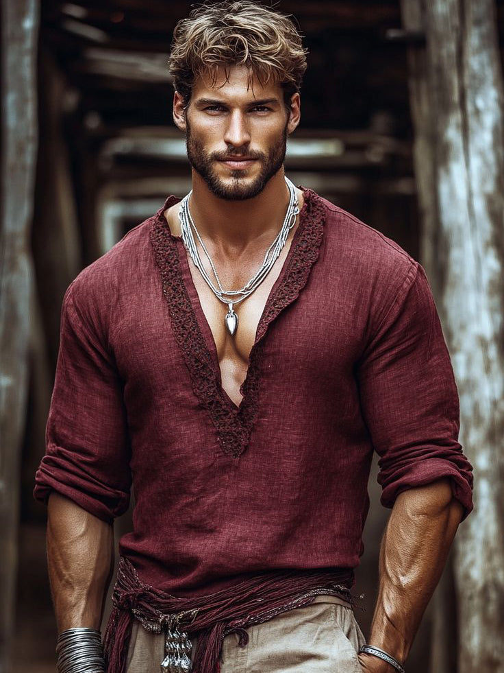 Men's fashionable casual wine red long-sleeved T-shirt