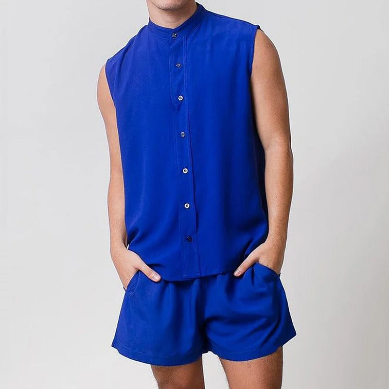 A two-piece set of men's fashionable and casual solid-color vests