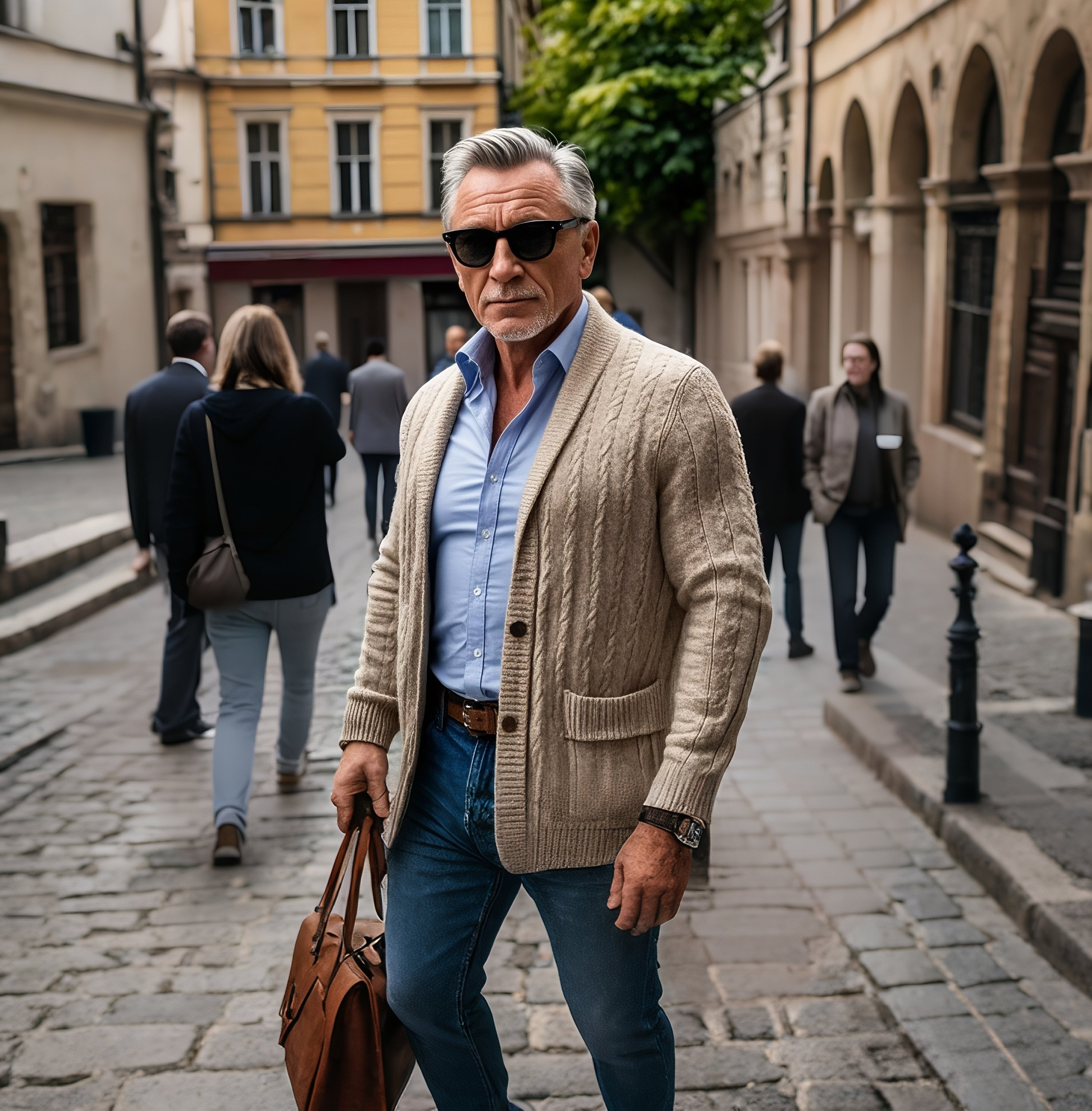 Men's fashionable casual khaki cardigan sweater