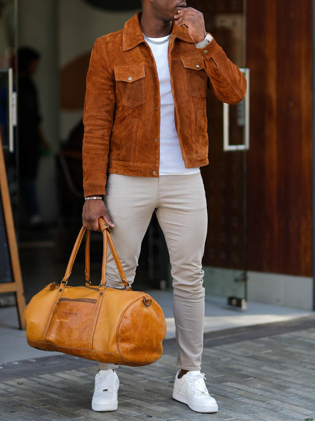 Veste décontractée en daim marron à la mode pour homme