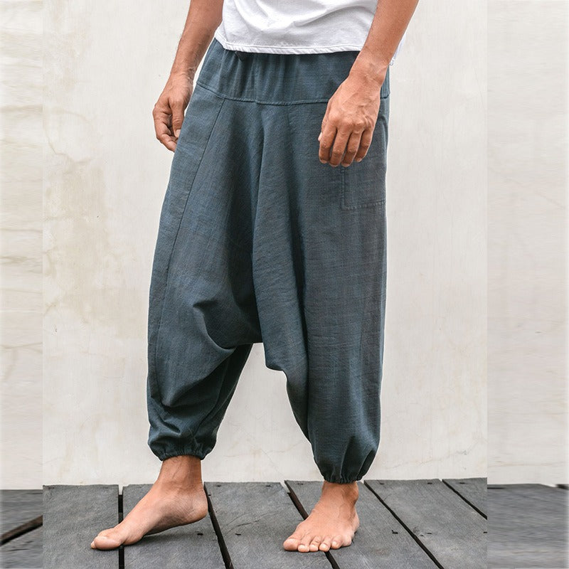 Men's fashionable and casual solid-colored cotton and linen trousers