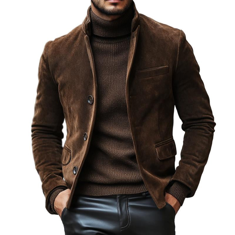 Blazer court slim vintage à col montant en daim pour homme