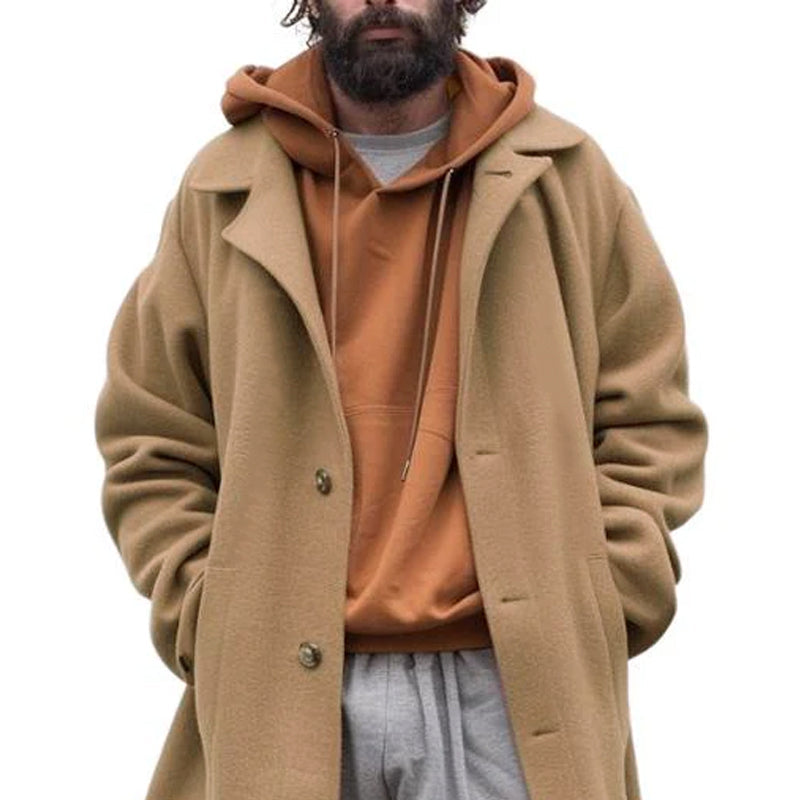 Men's Vintage Wool Blended Notched Lapel Single-Breasted Loose Long Coat