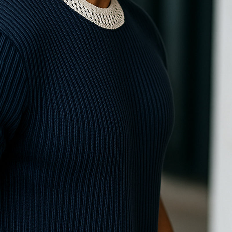 Men's Contrast Web Round Neck Knitted Short Sleeve T-Shirt ASW1895C3X