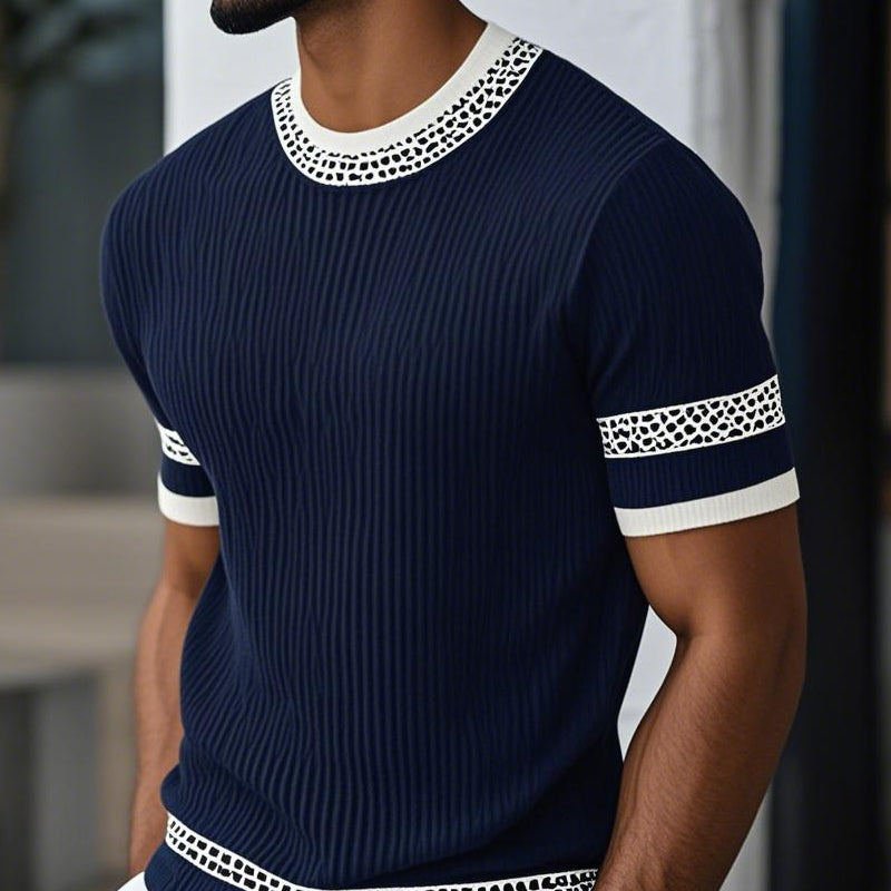 Men's Contrast Web Round Neck Knitted Short Sleeve T-Shirt ASW1895C3X