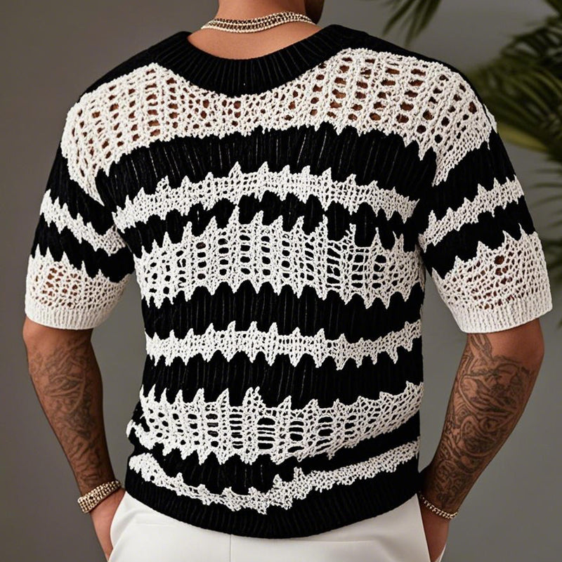 T-shirt à manches courtes et col en V en tricot contrasté pour homme