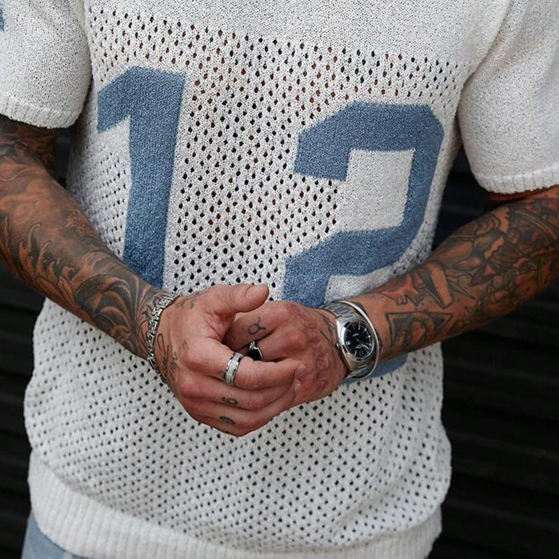 Men's Sport Lettering Jacquard Crew Neck Short Sleeve Sweater T-Shirt