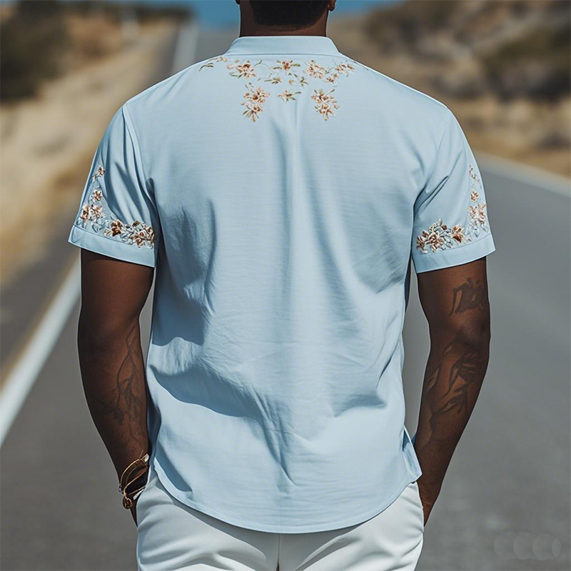 T-shirt d'été décontracté à manches courtes et col Henley pour homme, en coton mélangé, brodé d'osmanthus
