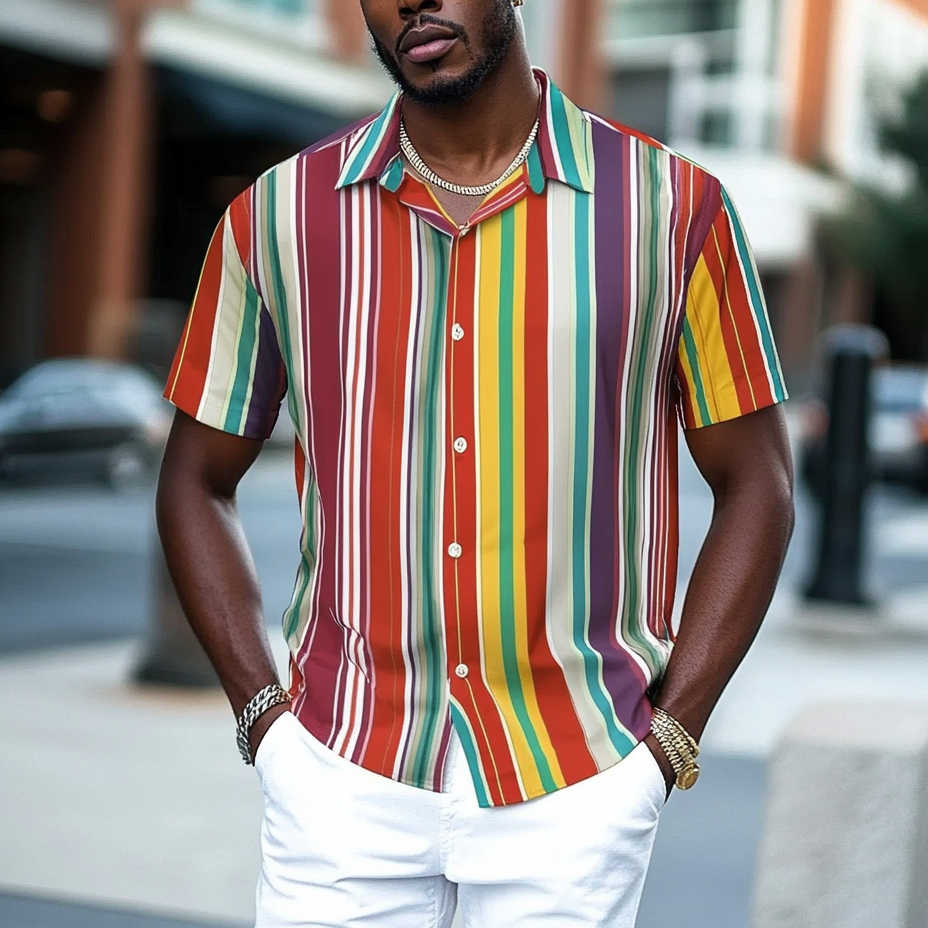 Men's fashionable casual rainbow-colored striped short-sleeved shirt