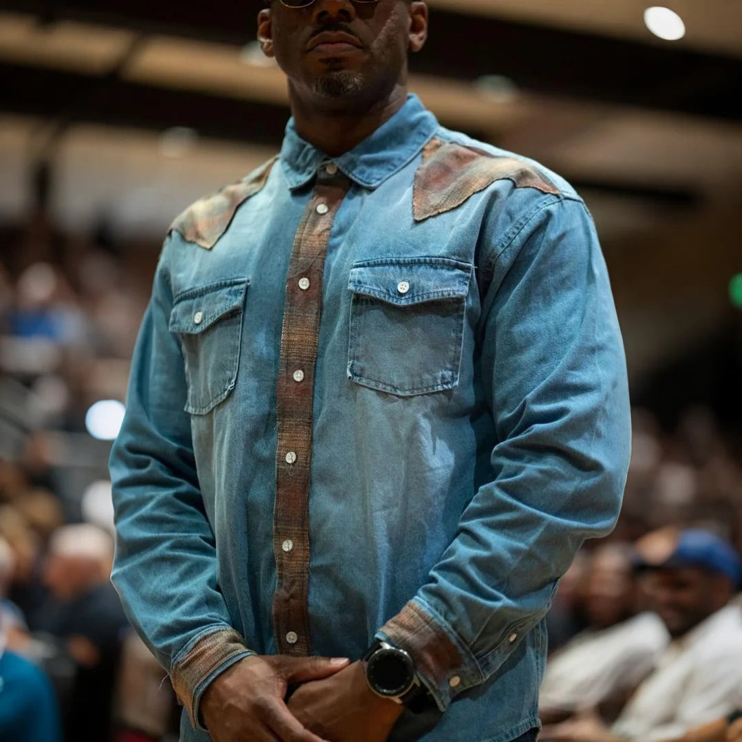 Men's fashionable casual blue denim long-sleeved shirt
