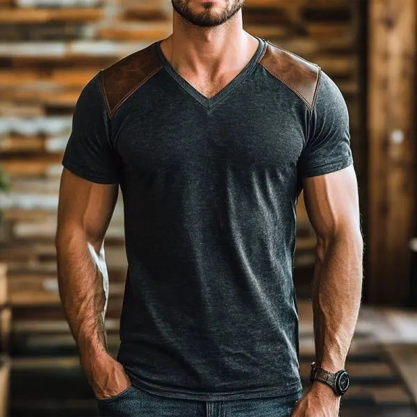 Men's Retro Casual Leather Stitching Short Sleeve T-Shirt