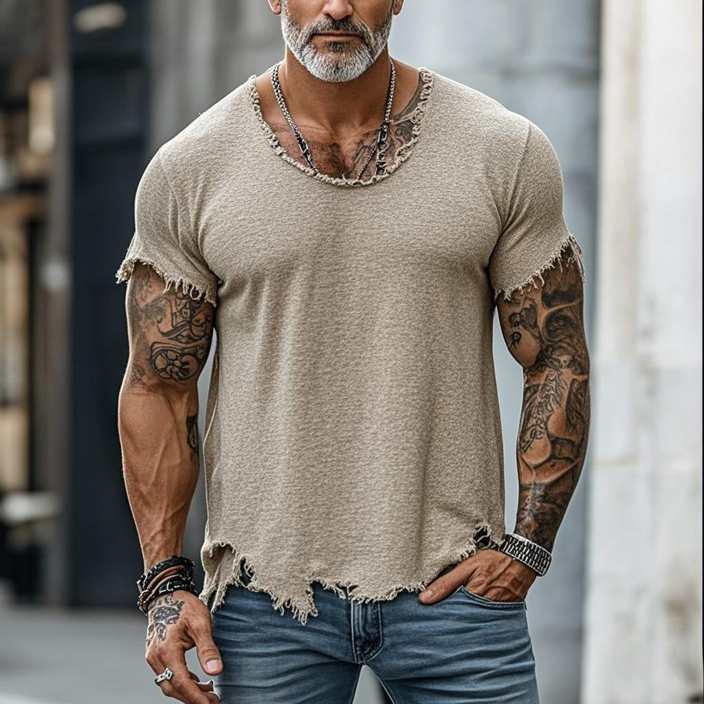 Men's fashionable casual khaki fringed T-shirt
