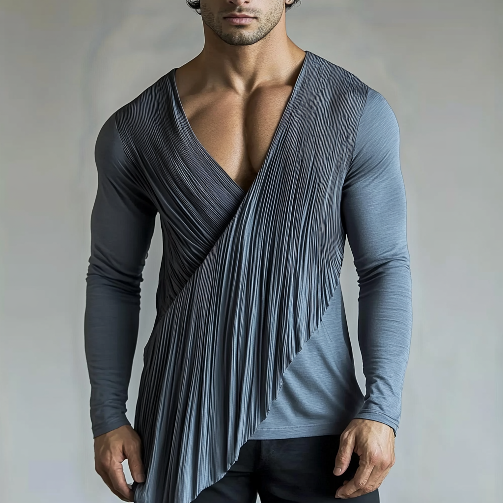 Modisches und lässiges dunkelgraues Herren-Langarmshirt mit V-Ausschnitt und Plissee