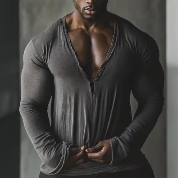 Men's Casual V-neck Comfortable Breathable Linen Long-sleeved T-shirt Linen Pullover Top