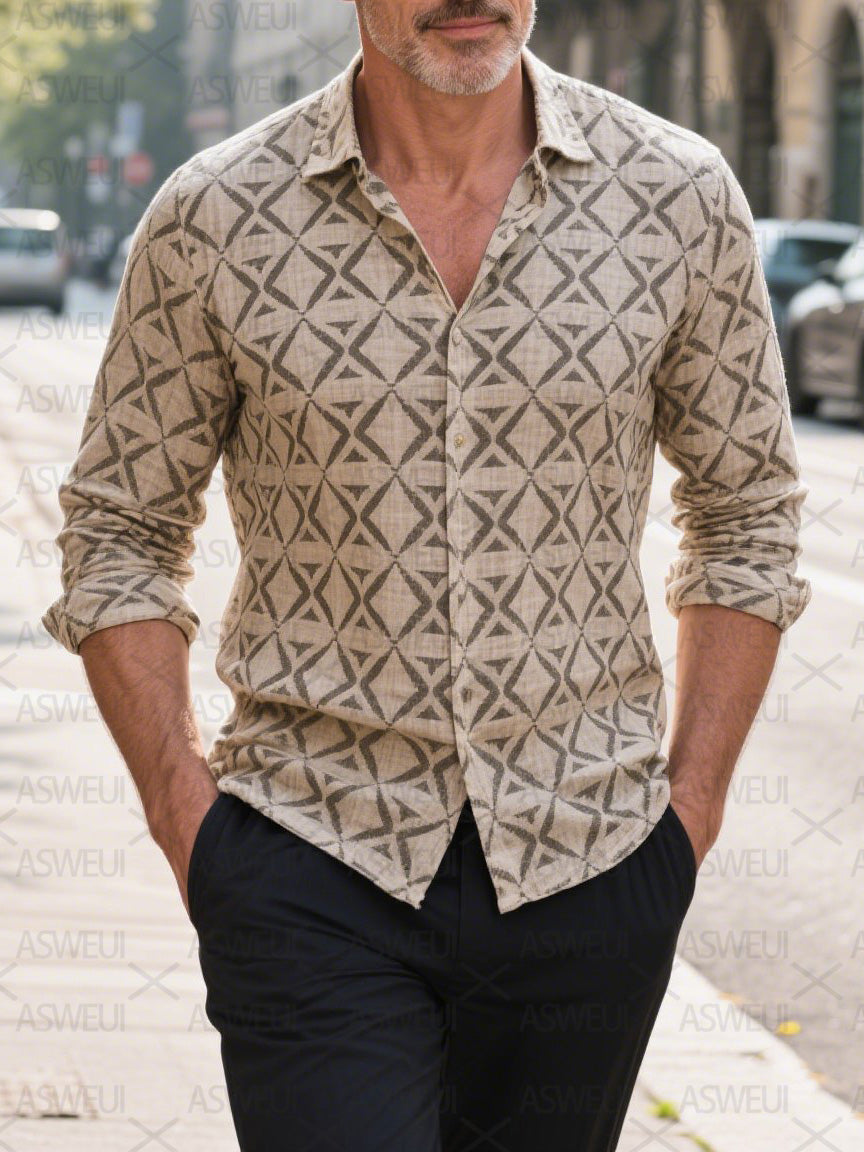 Men's fashion printed cotton and linen shirt