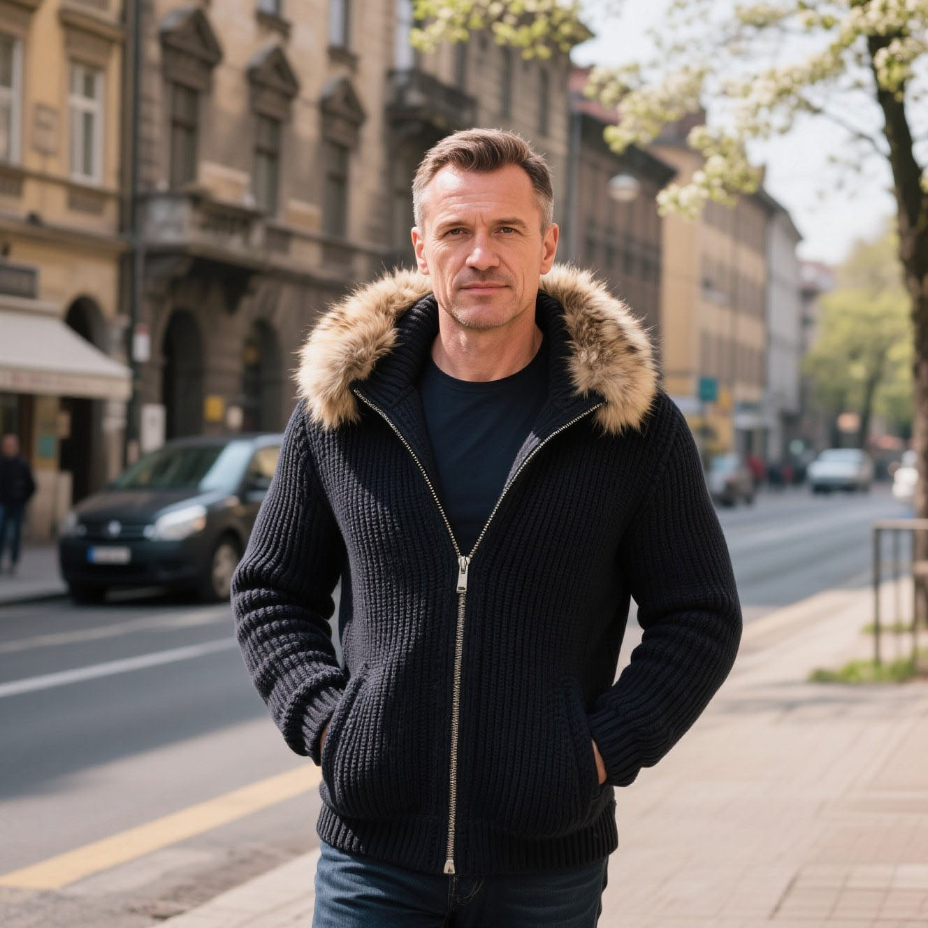 Cardigan en laine noir décontracté à col zippé pour homme