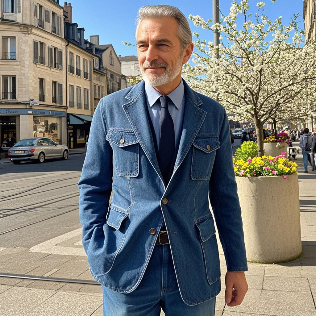 Veste en jean bleu marine décontractée à la mode pour homme