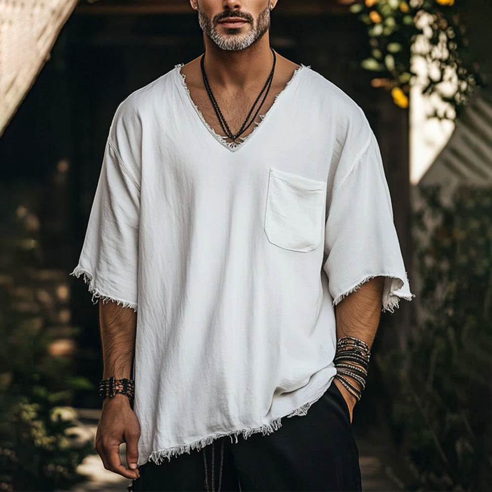Men's fashionable and casual V-neck short-sleeved T-shirt with fringes