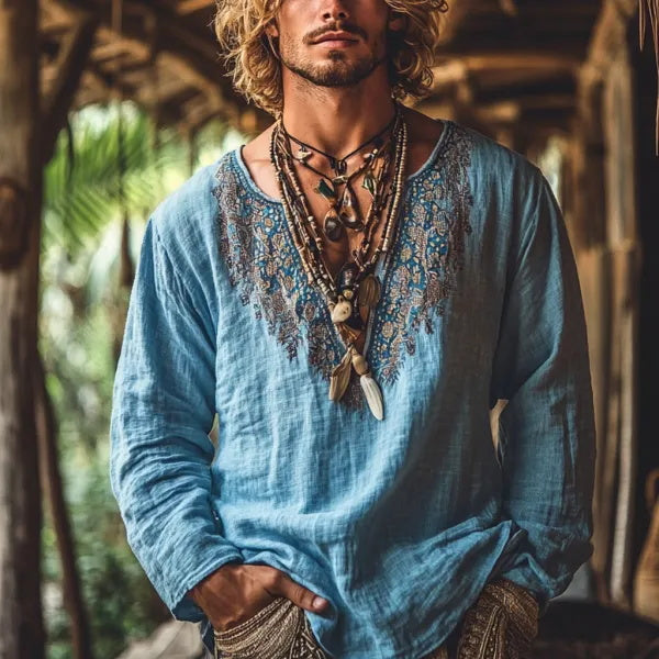 Herren-Oberteil im Bohemian-Urlaubsstil, Vintage-Stil, bedrucktes Leinen, lässig, langärmelig 