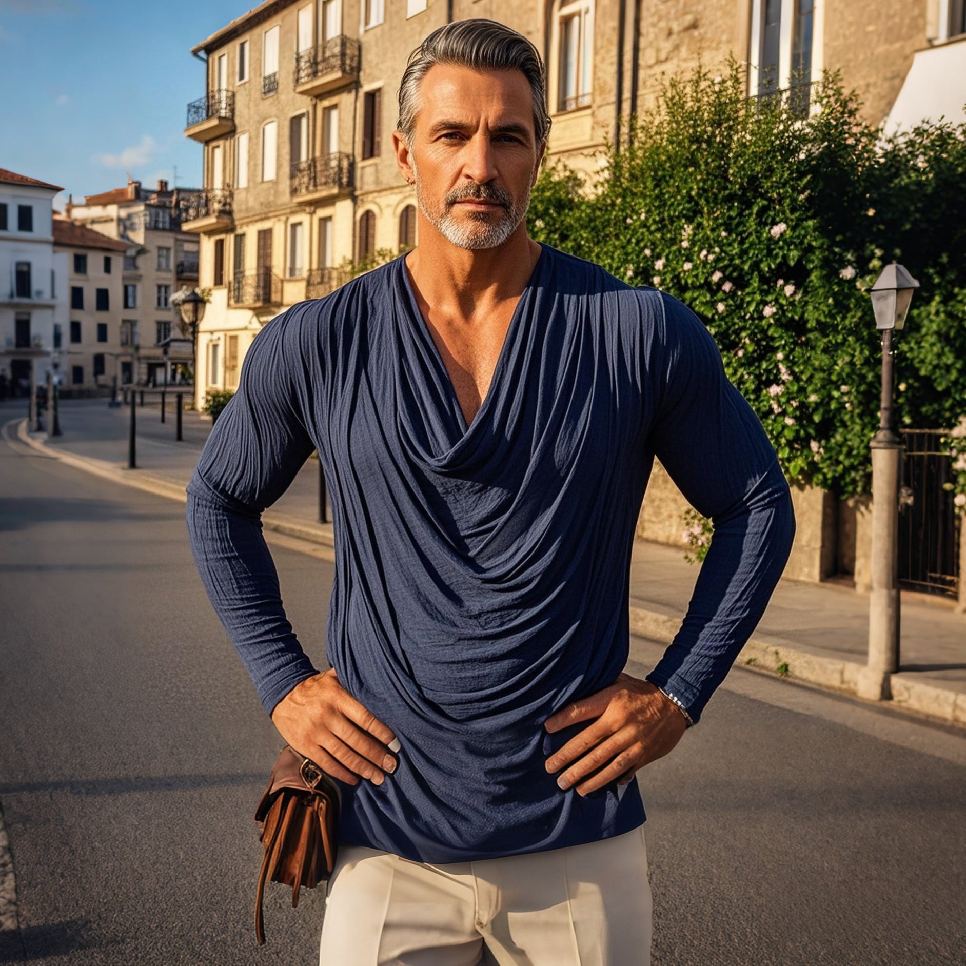 Men's fashionable casual navy blue pleated long-sleeved T-shirt
