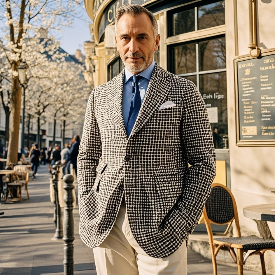 Veste de costume décontractée à motif géométrique noir et blanc pour homme