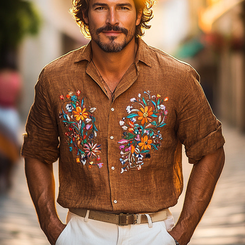 Men's Vintage Cotton and Linen Embroidered Casual Long Sleeve Shirt