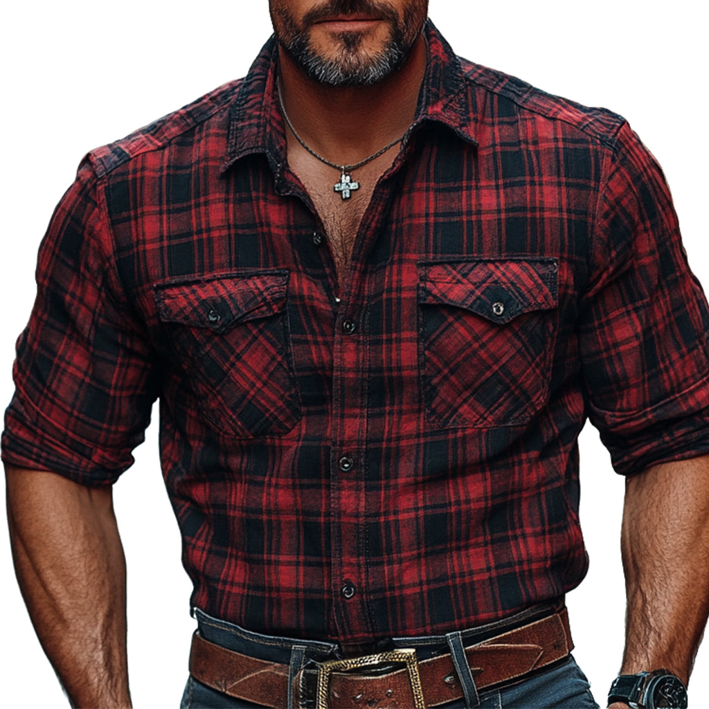 Men's fashionable and casual checkered printed long-sleeved shirt