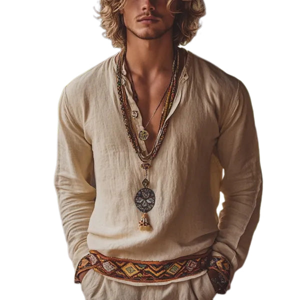 Herren-Oberteil im Bohemian-Urlaubsstil, Vintage-Stil, bedrucktes Leinen, lässig, langärmelig 
