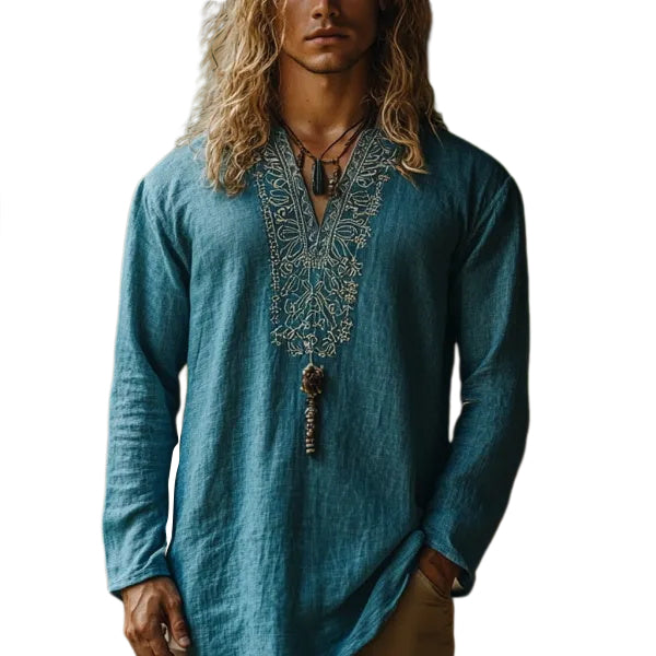 Herren-Oberteil im Bohemian-Urlaubsstil, Vintage-Stil, bedrucktes Leinen, lässig, langärmelig 