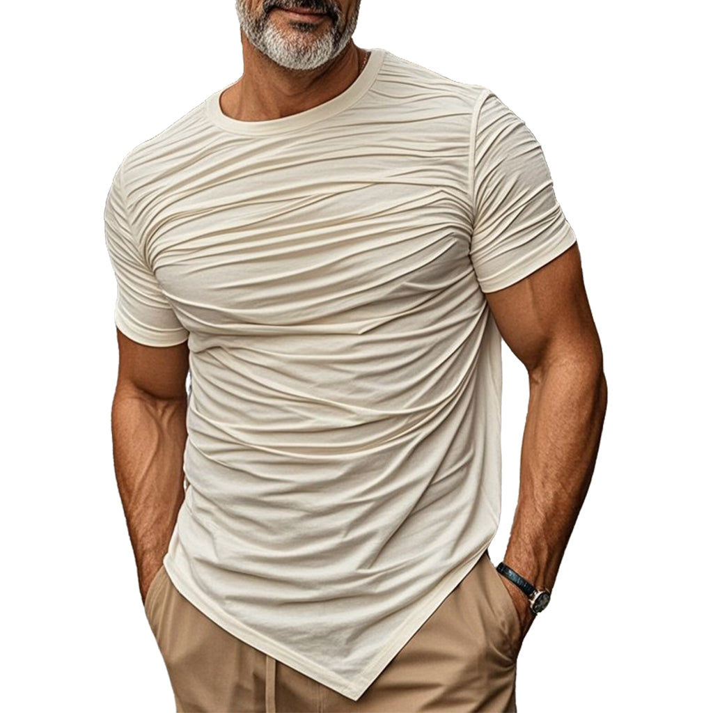 Men's fashionable casual beige pleated short-sleeved T-shirt