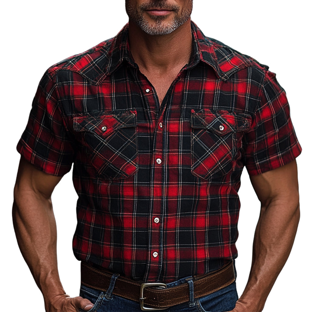 Men's fashionable and casual checkered printed short-sleeved shirt