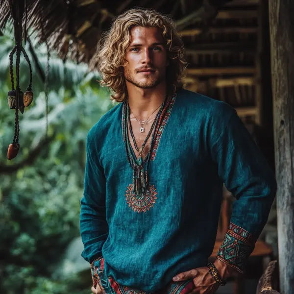 Herren-Oberteil im Bohemian-Urlaubsstil, Vintage-Stil, bedrucktes Leinen, lässig, langärmelig 