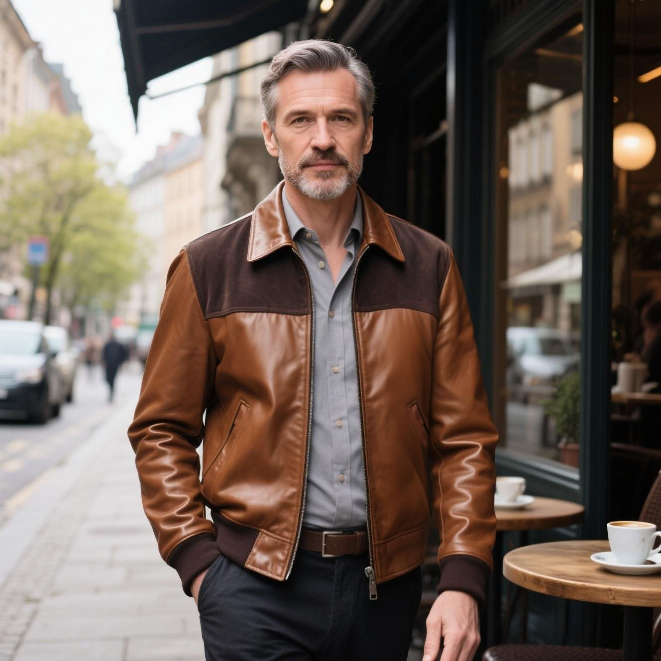 Men's fashionable and casual brown leather jacket