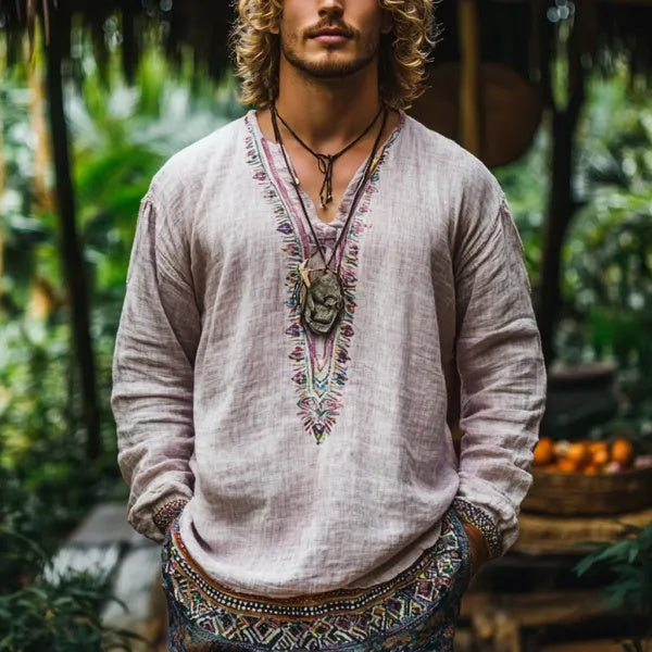 Herren-Oberteil im Bohemian-Urlaubsstil, Vintage-Stil, bedrucktes Leinen, lässig, langärmelig 
