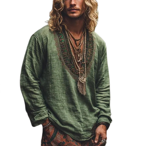 Herren-Oberteil im Bohemian-Urlaubsstil, Vintage-Stil, bedrucktes Leinen, lässig, langärmelig 