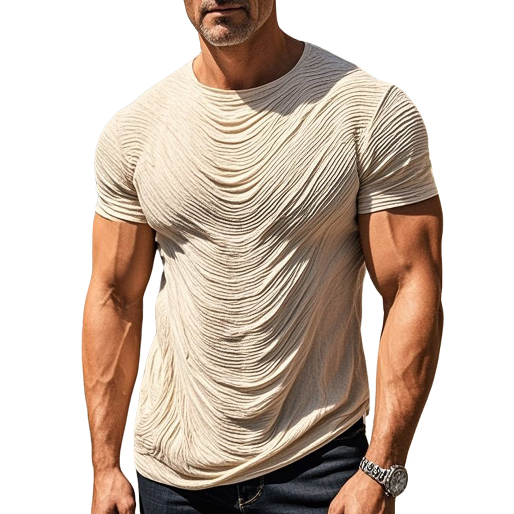Men's fashionable casual beige pleated short-sleeved T-shirt