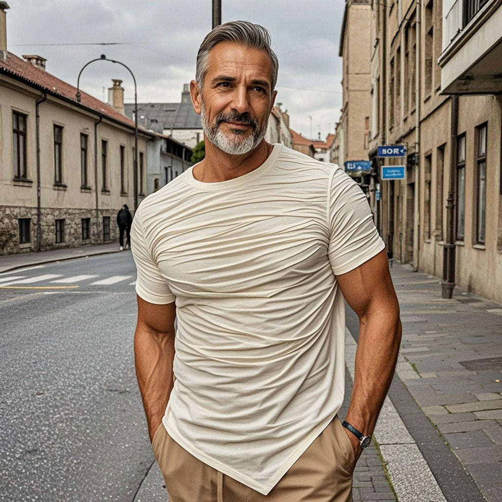 Men's fashionable casual beige pleated short-sleeved T-shirt