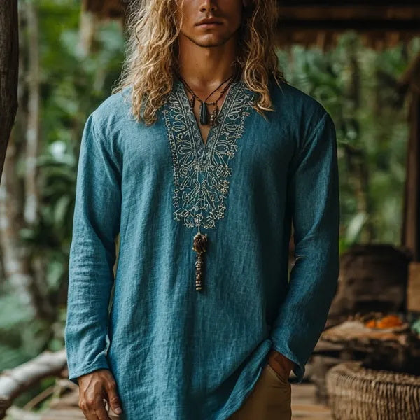 Herren-Oberteil im Bohemian-Urlaubsstil, Vintage-Stil, bedrucktes Leinen, lässig, langärmelig 