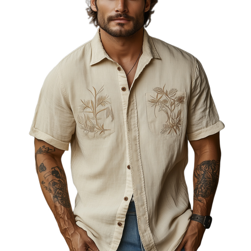 Lässiges Herrenhemd aus Tencel mit Vintage-Stickerei in Khaki 