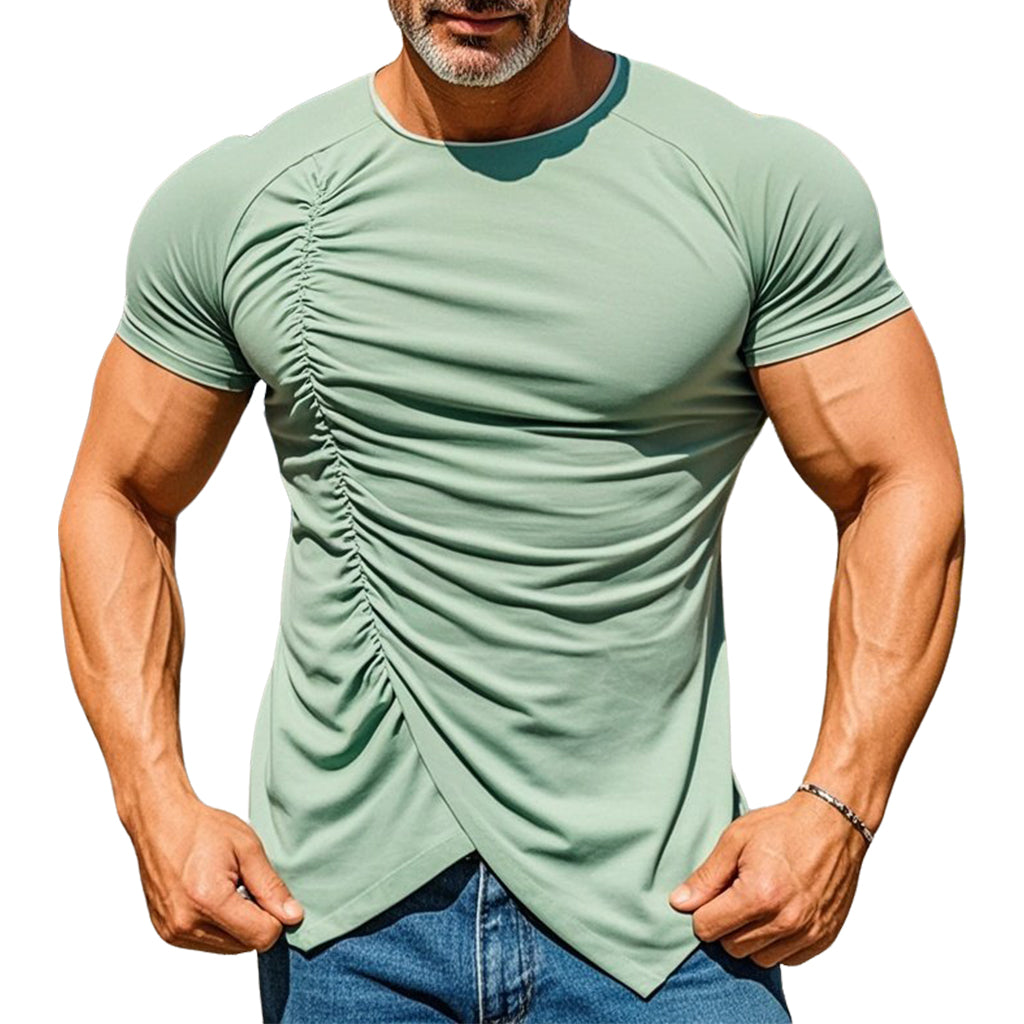 Men's fashionable casual green pleated long-sleeved T-shirt