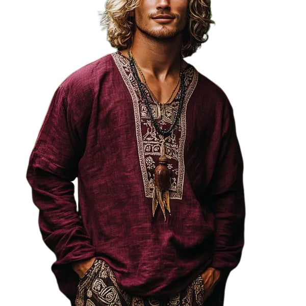 Herren-Oberteil im Bohemian-Urlaubsstil, Vintage-Stil, bedrucktes Leinen, lässig, langärmelig 