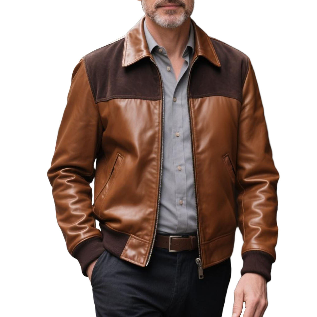 Men's fashionable and casual brown leather jacket